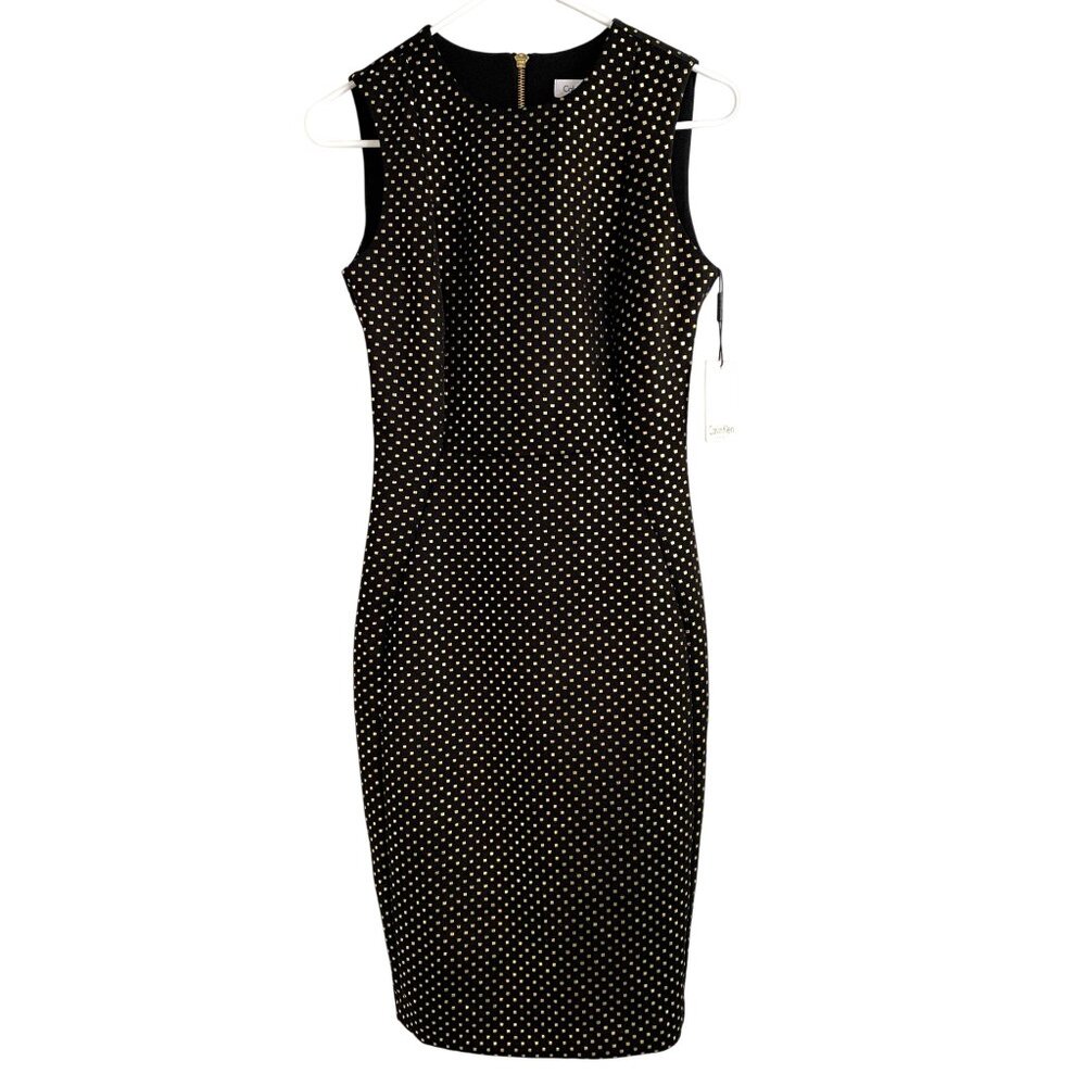 Calvin Klein Black & Gold Polka Dot Sleeveless Sheath Dress Size 2 NWT Pencil